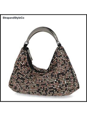 Diamond Mesh Rhinestone Hobo Evening Bag Faux Leather Top Handle